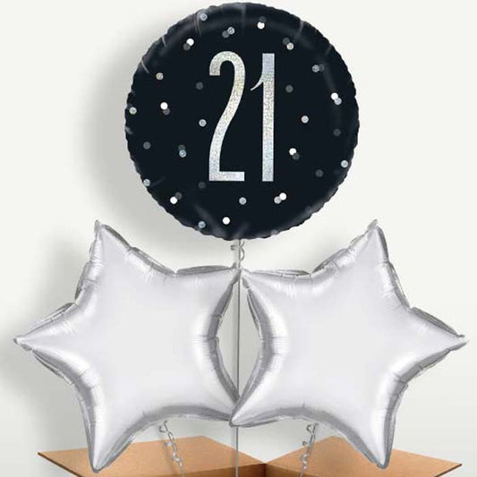 21st Black Silver Bunch of Balloons inflated with Helium | Party Save Smile
