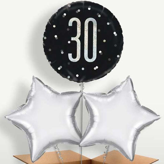 Black Silver 30th Bunch of Balloons inflated with Helium | Party Save Smile