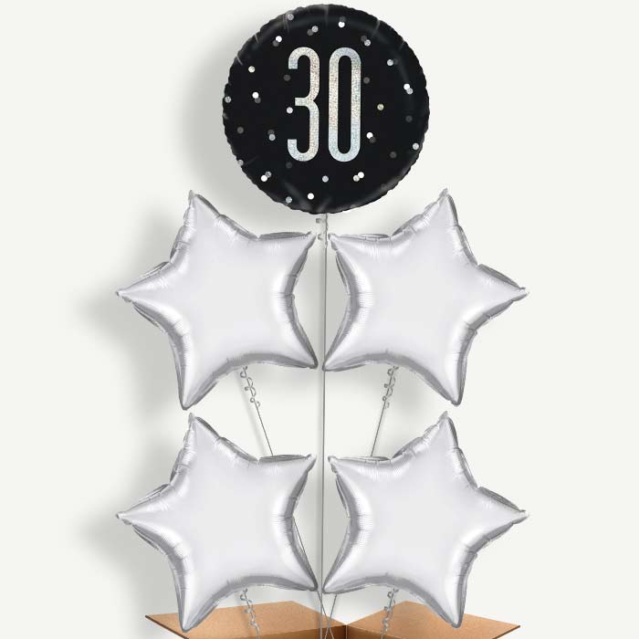 Black Silver 30th Balloon Cluster Inflated with Helium | Party Save Smile