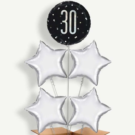 Black Silver 30th Balloon Cluster Inflated with Helium | Party Save Smile