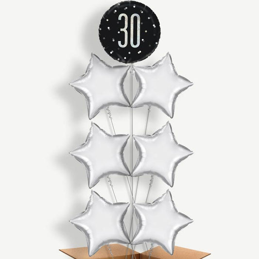 Black Silver 30th Balloon Arrangement Inflated with Helium | Party Save Smile