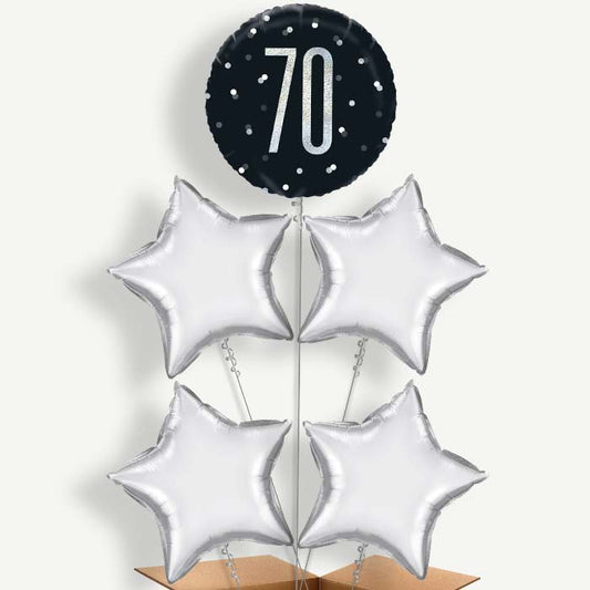 Black & Silver 70th Balloon Cluster Inflated with Helium | Party Save Smile