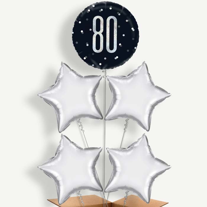 80th Birthday Black Silver Helium Cluster Balloons | Party Save Smile