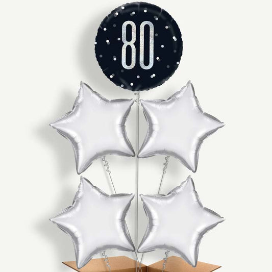 80th Birthday Black Silver Helium Cluster Balloons | Party Save Smile