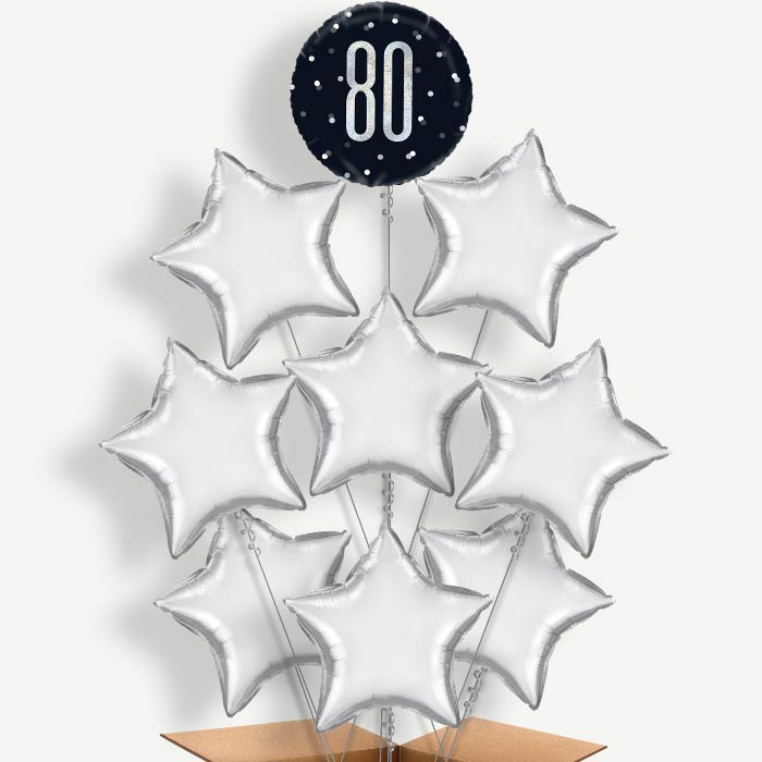 80th Birthday Black Silver Helium Balloon Bundle | Party Save Smile