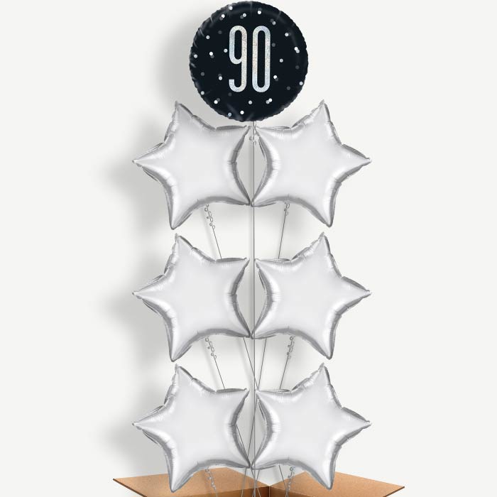 90th Birthday Black Silver Helium Balloon Arrangement | Party Save Smile