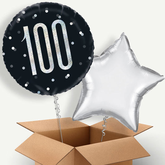 Black & Silver 100th Birthday Helium Balloon Two | Party Save Smile
