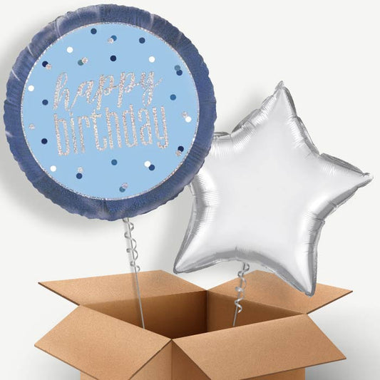Blue and Silver Holographic Happy Birthday Helium Balloon Duo | Party Save Smile