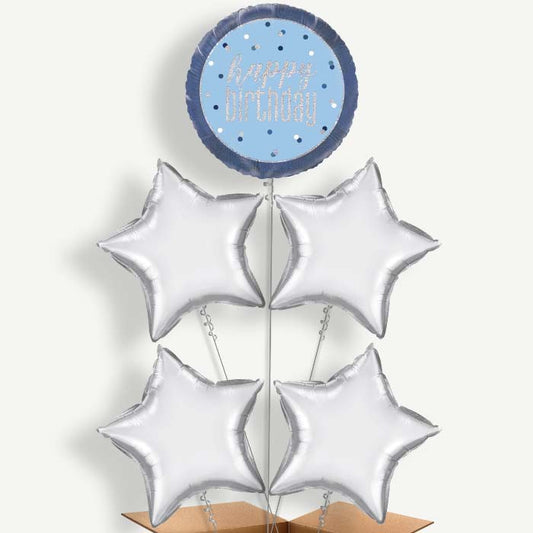Blue & Silver Holographic Happy Birthday Balloon Cluster | Party Save Smile