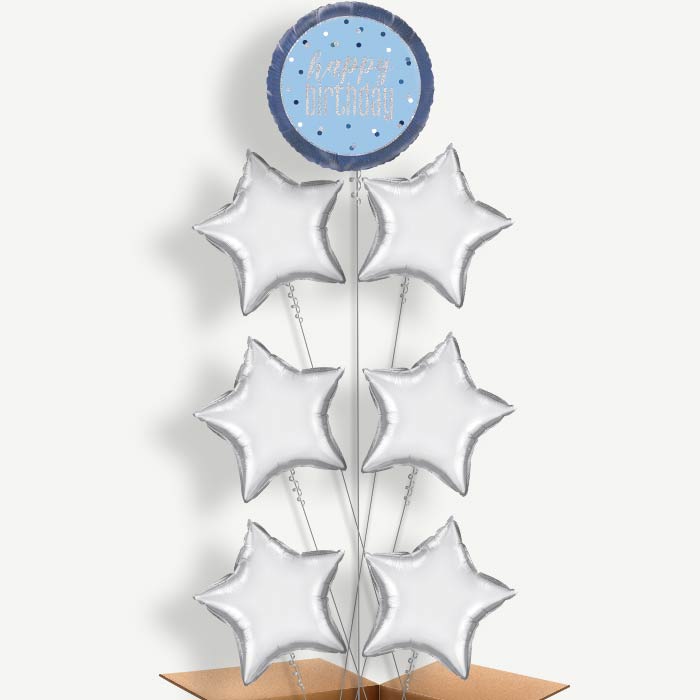 Blue & Silver Holographic Happy Birthday Balloon Arrangement | Party Save Smile