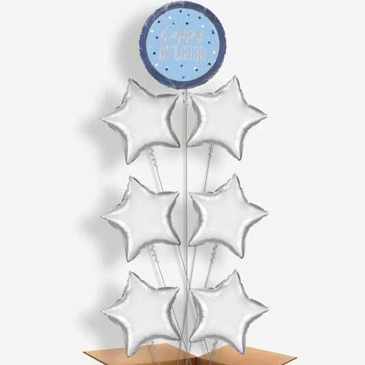Blue & Silver Holographic Happy Birthday Balloon Arrangement | Party Save Smile