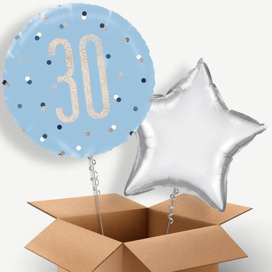 Blue and Silver Holographic 30th Birthday Helium Balloon Duo | Party Save Smile