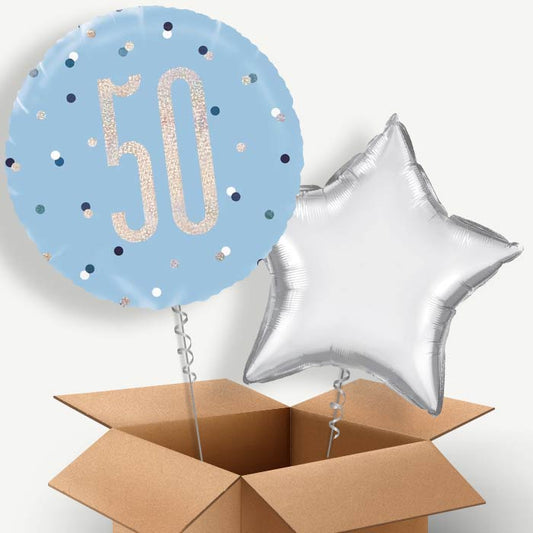 Blue and Silver Holographic 50th Birthday Helium Balloon Duo | Party Save Smile