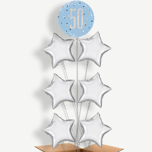 Blue & Silver Holographic 50th Birthday Balloon Arrangement | Party Save Smile