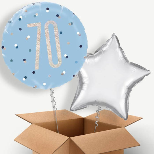 Blue and Silver Holographic 70th Birthday Helium Balloon Duo | Party Save Smile