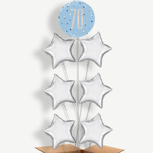 Blue & Silver Holographic 70th Birthday Balloon Arrangement | Party Save Smile