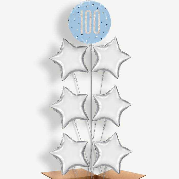 Blue & Silver Holographic 100th Birthday Balloon Arrangement | Party Save Smile