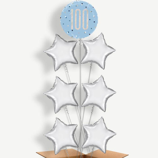 Blue & Silver Holographic 100th Birthday Balloon Arrangement | Party Save Smile