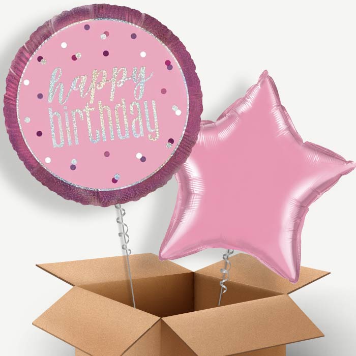 Pink and Silver Holographic Happy Birthday Helium Balloon Duo | Party Save Smile