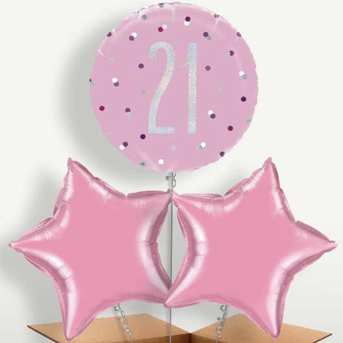 Pink Silver 21st Balloon Bunch inflated with Helium | Party Save Smile
