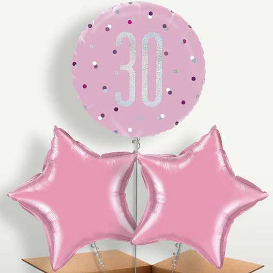 Pink & Silver 30th Balloon Bunch inflated with Helium | Party Save Smile