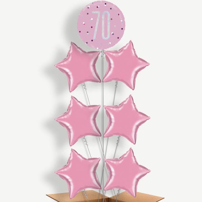 Pink & Silver 70th Balloon Arrangement Inflated with Helium | Party Save Smile
