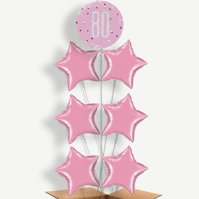 80th Birthday Pink Balloon Arrangement Inflated with Helium | Party Save Smile