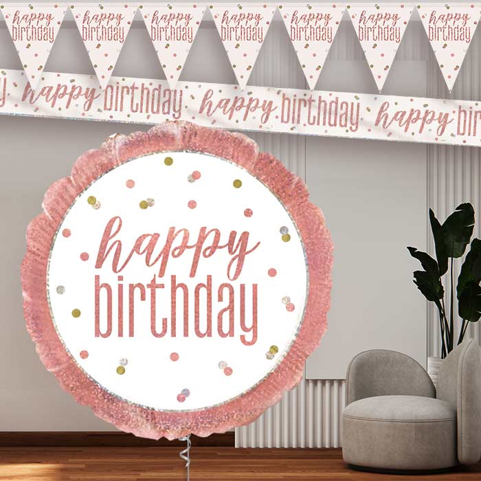 Rose Gold Holographic Happy Birthday Banners and Balloon