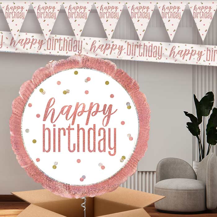Rose Gold Holographic Happy Birthday Banners and Balloon | Party Save Smile