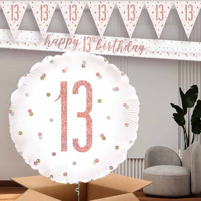 Rose Gold Holographic 13th Birthday Banners Balloon | Party Save Smile