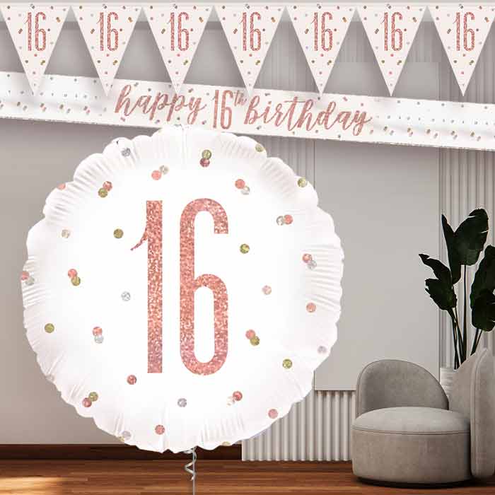 Rose Gold Holographic 16th Balloon and Banners