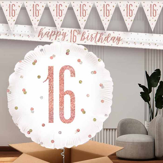 Rose Gold Holographic 16th Balloon and Banners | Party Save Smile