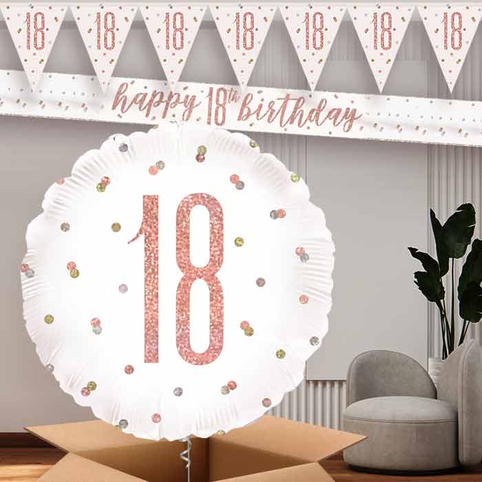 Rose Gold Holographic 18th Banners and Balloon | Party Save Smile