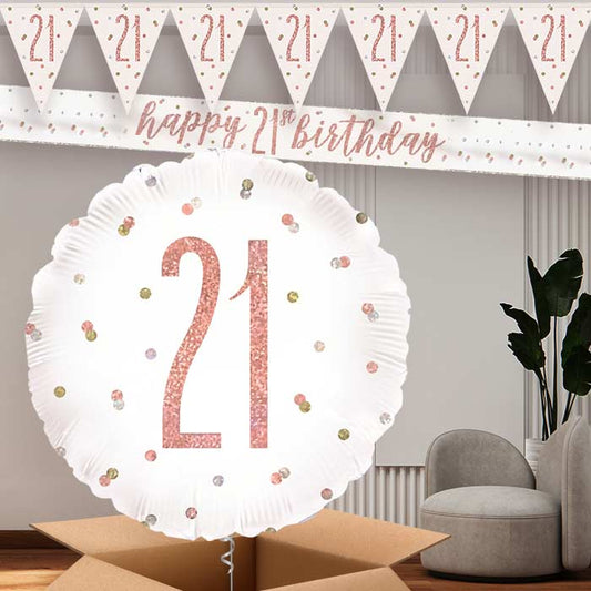 Rose Gold Holographic 21st Birthday Balloon and Banners | Party Save Smile