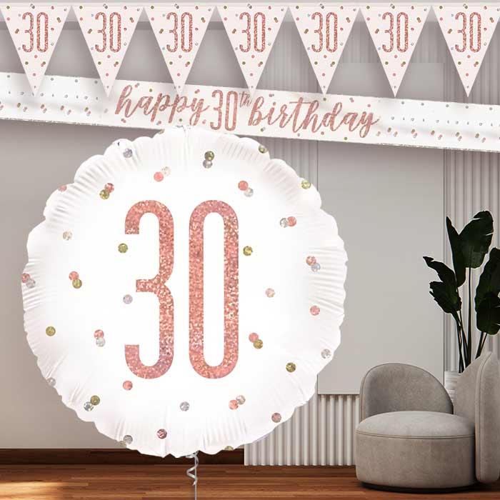 Rose Gold Holographic 30th Birthday Banners and Balloon