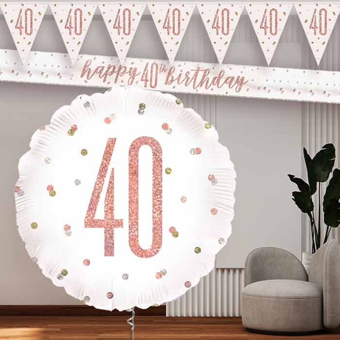 Rose Gold Holographic 40th Banners and Balloon