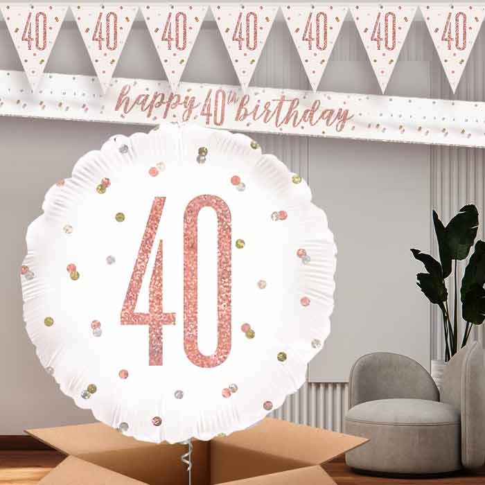 Rose Gold Holographic 40th Banners and Balloon | Party Save Smile