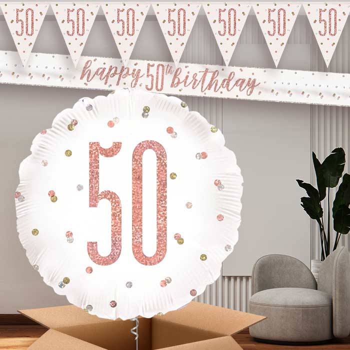Rose Gold Holographic 50th Birthday Banners and Balloon | Party Save Smile