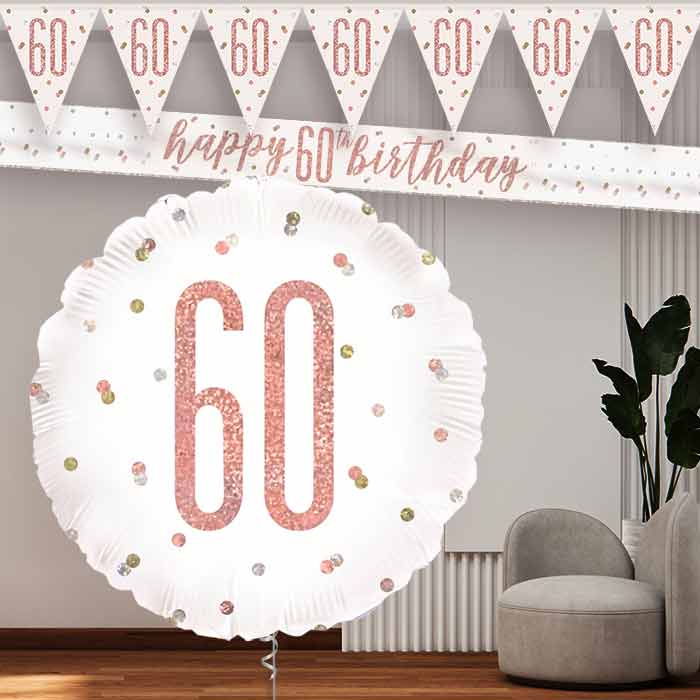 Rose Gold Holographic 60th Birthday Banners and Balloon
