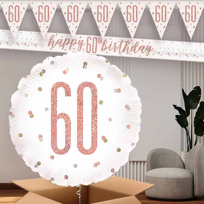 Rose Gold Holographic 60th Birthday Banners and Balloon | Party Save Smile