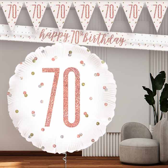 Rose Gold Holographic 70th Birthday Banners and Balloon
