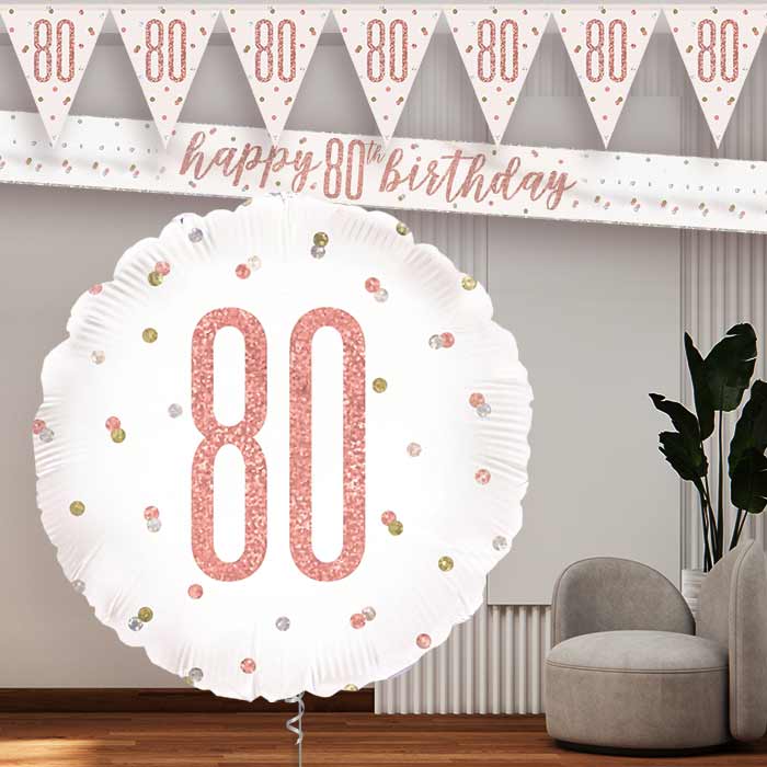 Rose Gold Holographic 80th Balloon and Banners