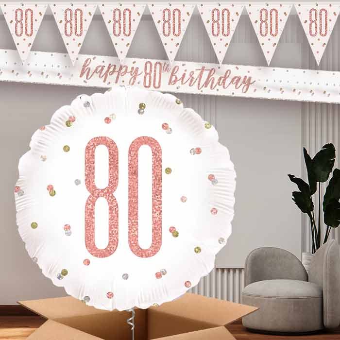 Rose Gold Holographic 80th Balloon and Banners | Party Save Smile
