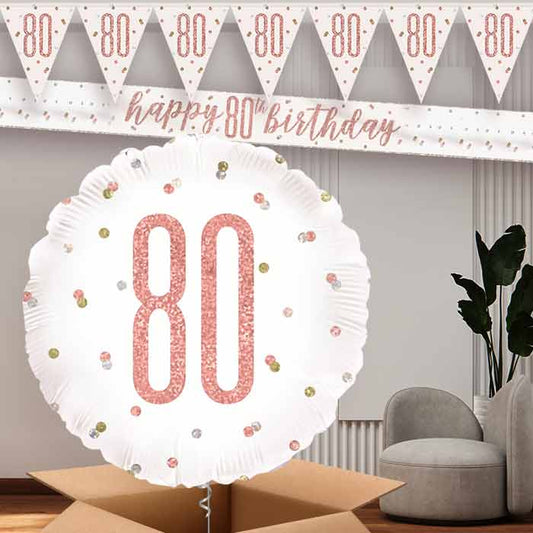 Rose Gold Holographic 80th Balloon and Banners | Party Save Smile