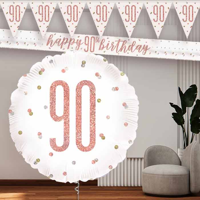 Rose Gold Holographic 90th Birthday Balloon and Banners - Party Save Smile