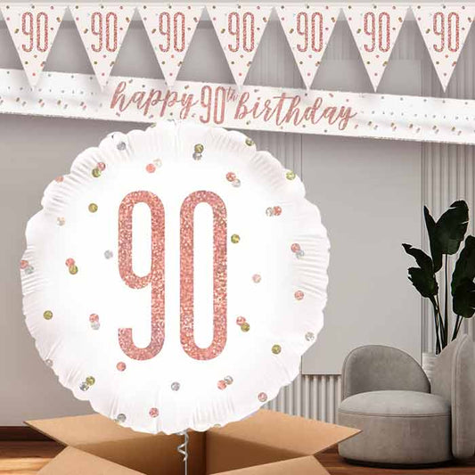Rose Gold Holographic 90th Birthday Balloon and Banners | Party Save Smile