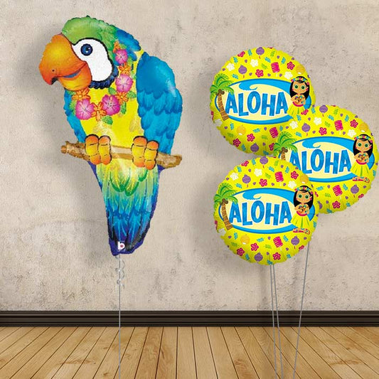 Tropical Parrot Inflated Helium Balloons Delivered - Themed Bouquet | Party Save Smile