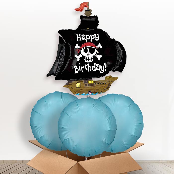Pirate Ship Birthday Helium Balloon in a Box - With 3 Plain Balloons | Party Save Smile