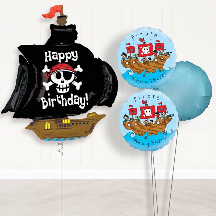 Pirate Happy Birthday Balloon Bouquet Delivered-Giant Balloon + 2 Themed Balloons + 1 Plain Balloon 