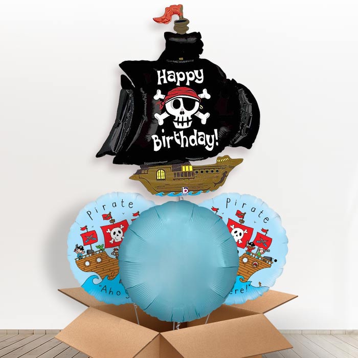 Pirate Ship Birthday Helium Balloon in a Box-1 x Giant Balloon and 2 Themed Balloons and 1 Plain Balloon 